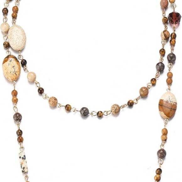 Beaded Natural Stone Necklace 40in Dainty Boho Jewelry for Women Gift - Picture 1 of 7